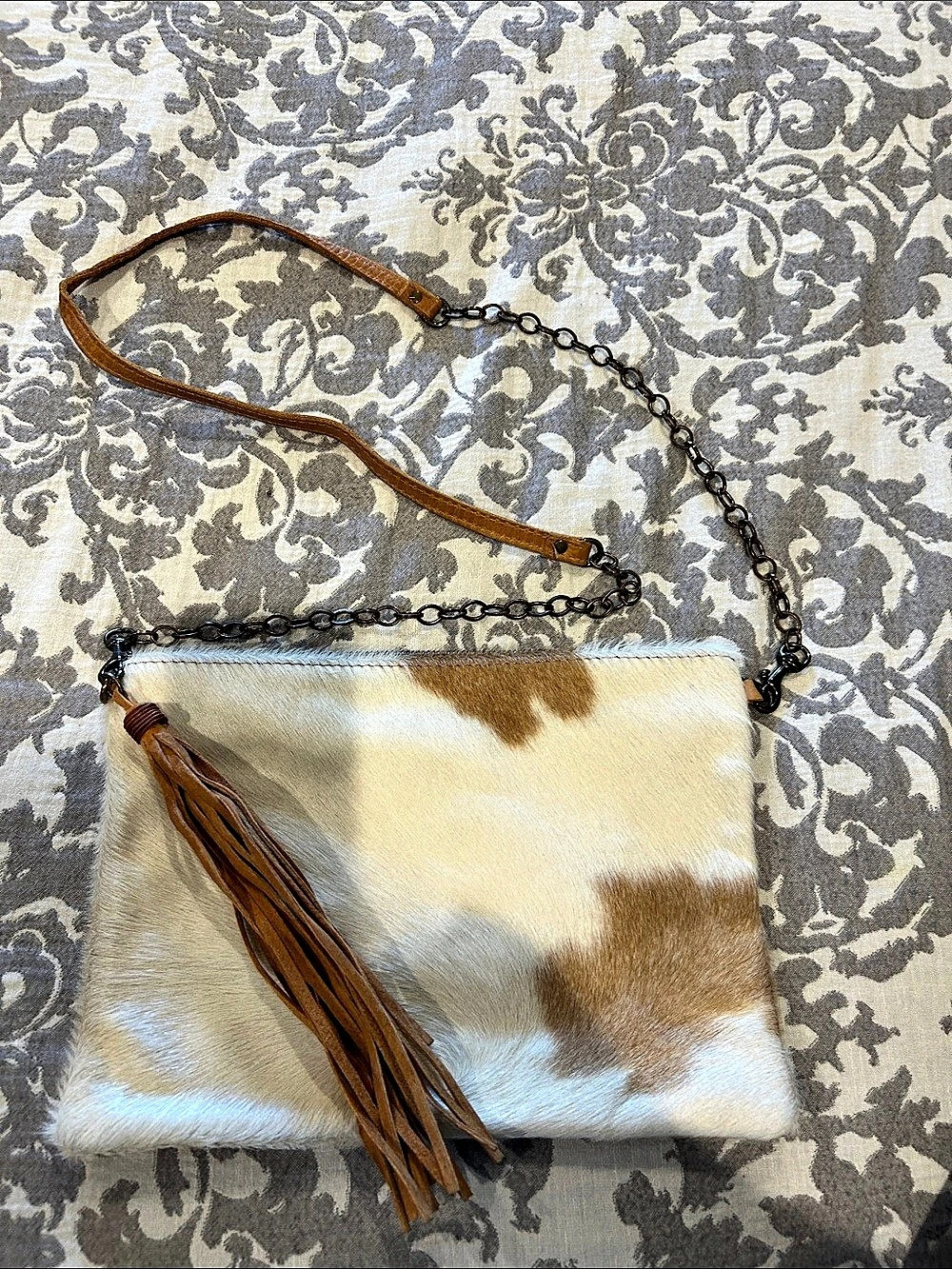 Genuine Leather Fringe Crossbody in Brown & White